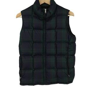 Eddie Bauer Plaid Goose Down Puffer Vest Size S Petite Green Blue Zipper Pockets
